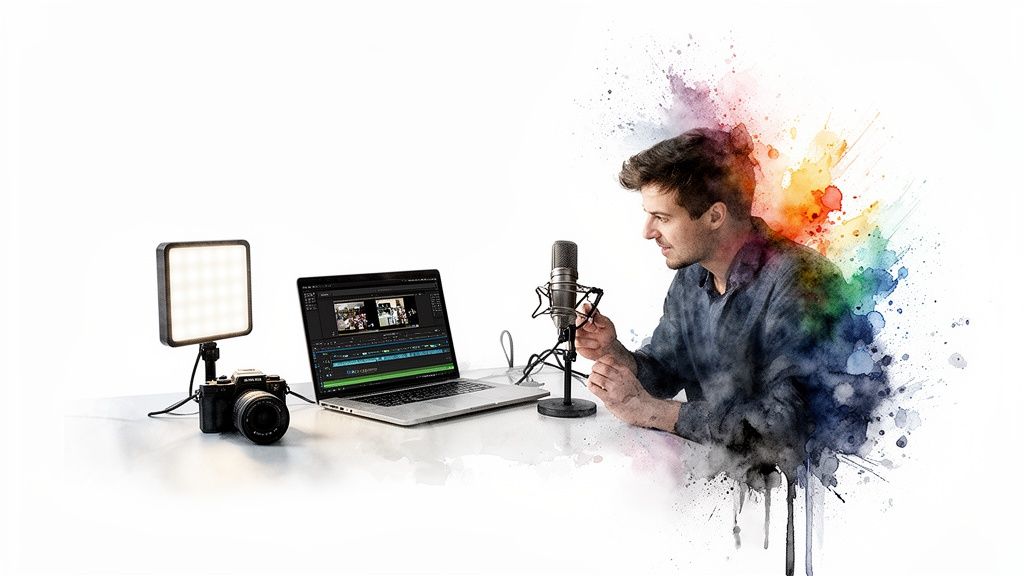 A man editing videos and recording audio with a laptop, camera, and microphone.