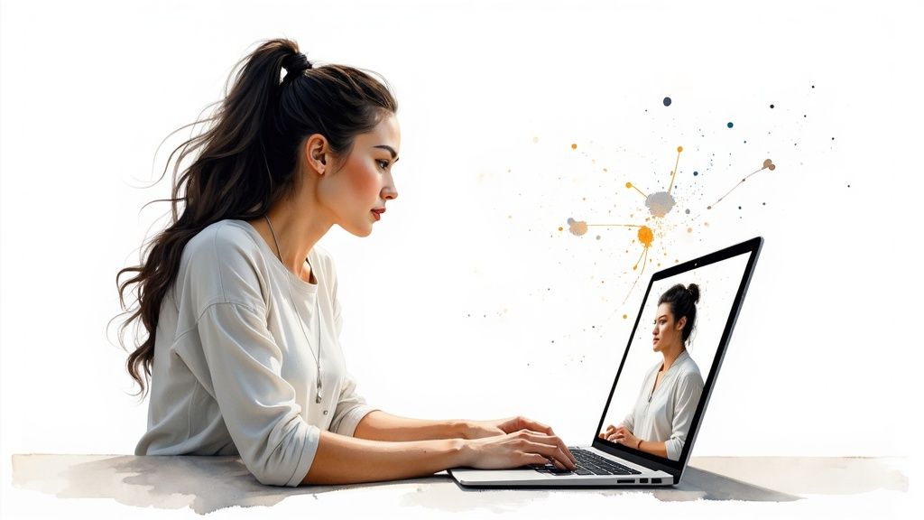 A woman typing on a laptop with her digital reflection on screen, surrounded by colorful splatters.