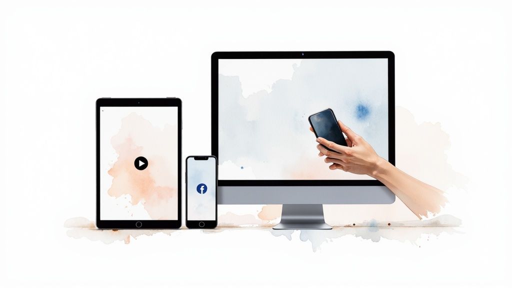 Three digital devices: a tablet, a smartphone with Facebook, and a monitor with a hand holding another smartphone.