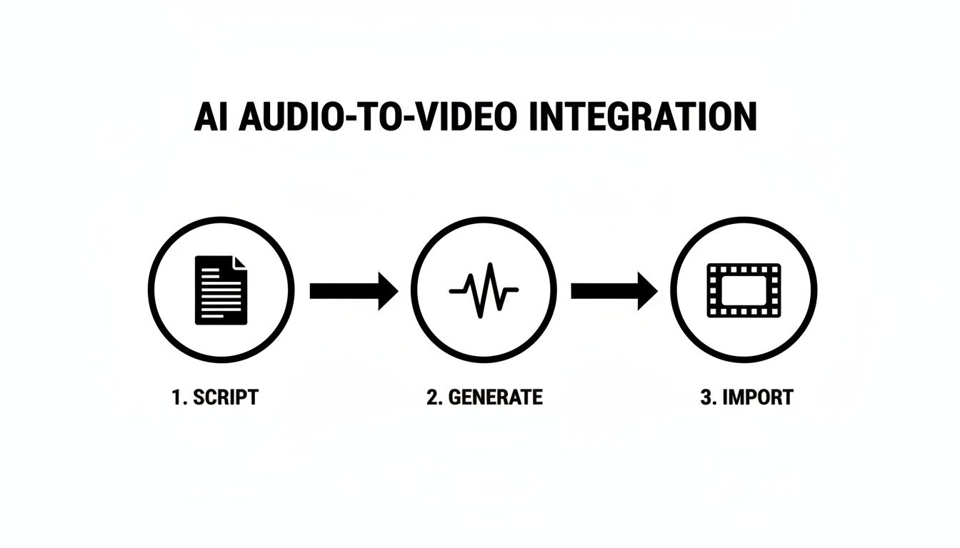 Flowchart showing AI audio-to-video integration: 1. Script, 2. Generate audio, 3. Import video.