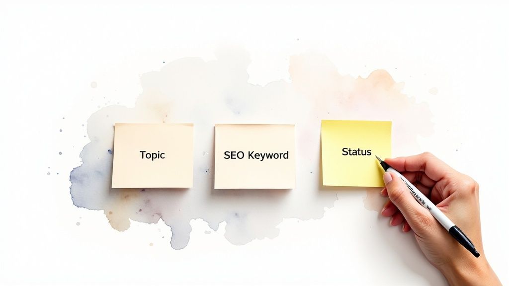 A person at a desk organizing sticky notes on a whiteboard, symbolizing the components of a content calendar