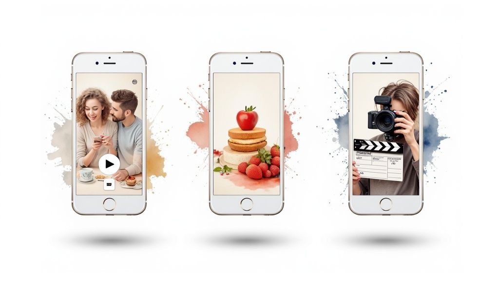 A dynamic collage of different video formats like Reels, live streams, and tutorials on a social media interface, symbolizing diverse video marketing on social media.