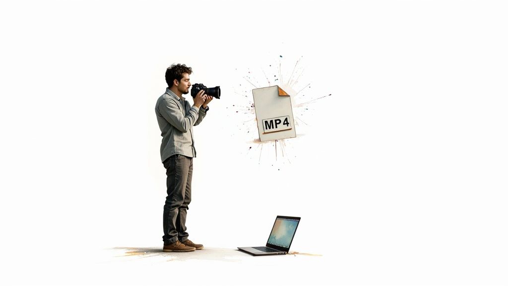 Man with camera filming MP4 file icon floating above laptop computer