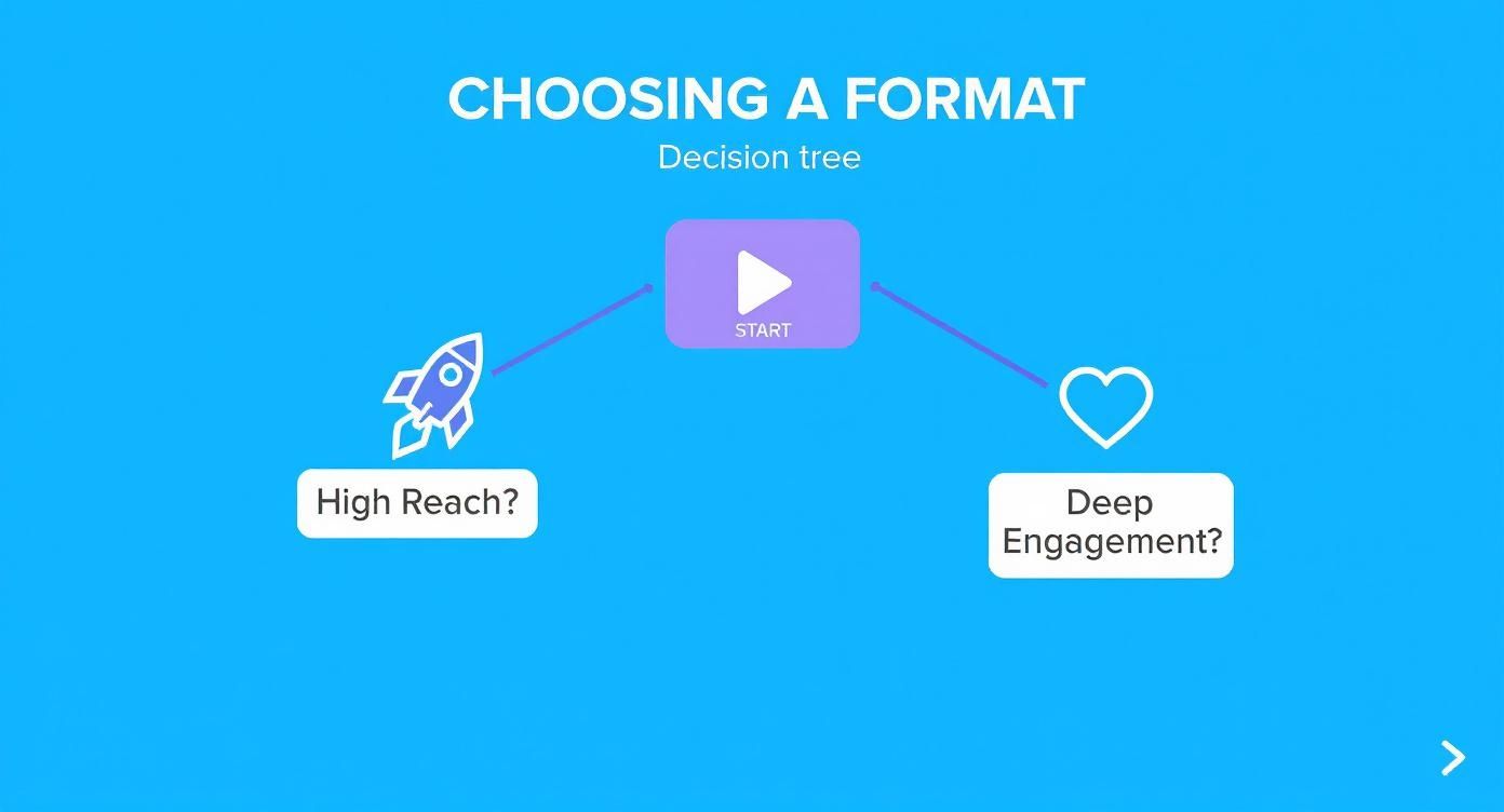 Infographic decision tree showing a choice between high reach (rocket icon) and deep engagement (heart icon).