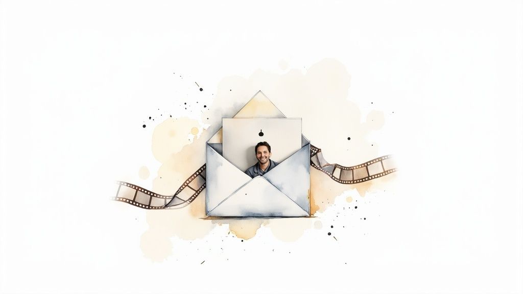 A person editing a video on a laptop, surrounded by icons representing email and marketing analytics.