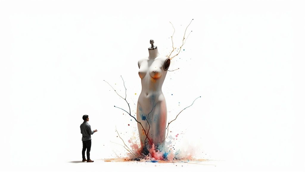 A small man observes a large mannequin torso bursting with colorful watercolor paint and branches.