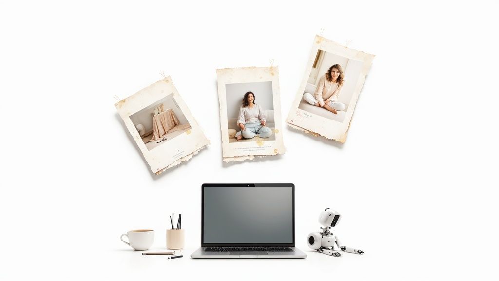 Laptop workspace with coffee cup, stationery, robot toy, and three vintage lifestyle photos above