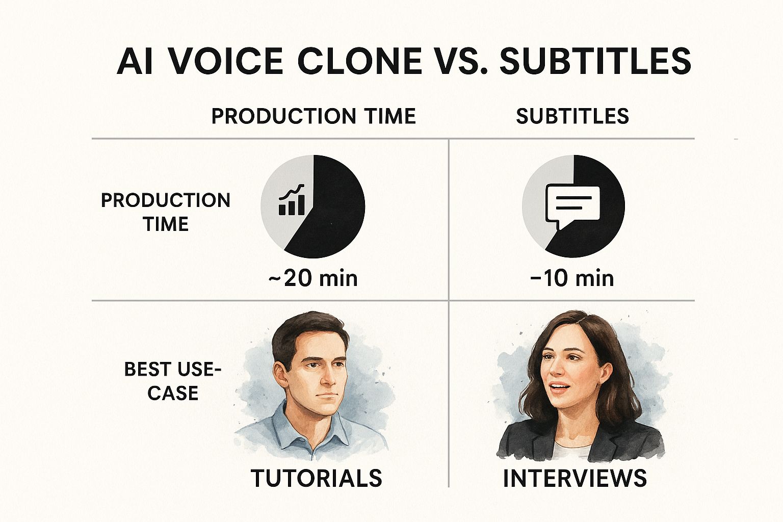 Infographic comparing AI voice clones and subtitles for translating videos from Spanish to English, showing production time and best use cases.