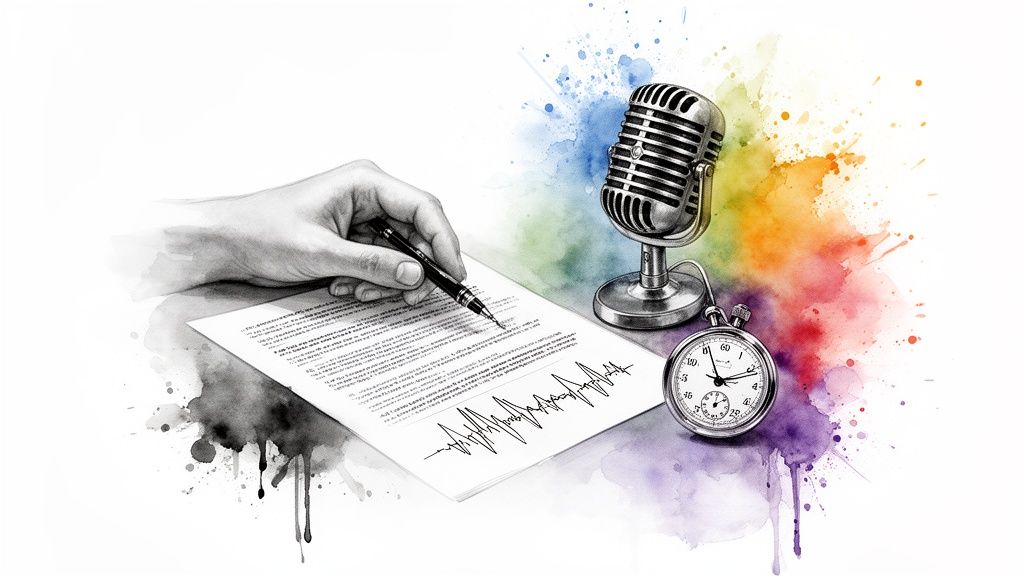 Hand writing script with a pen, vintage microphone, stopwatch, and sound wave, surrounded by colorful splashes.