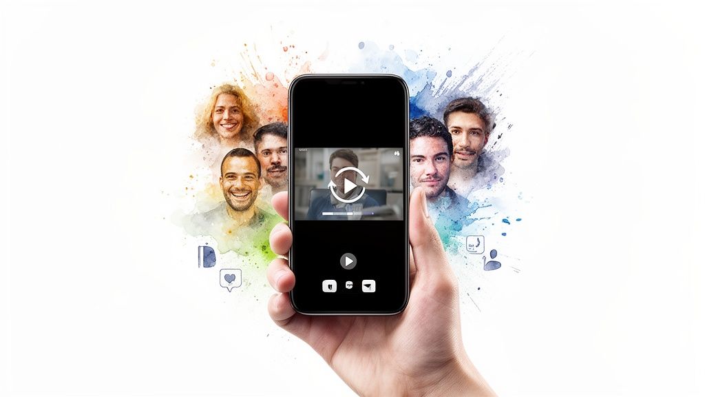 Hand holding smartphone with video playing, surrounded by diverse smiling people and social icons.
