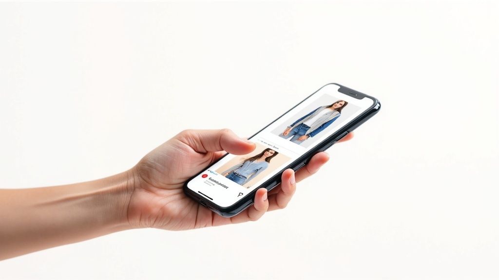 A hand holds a smartphone displaying a fashion shopping app with models wearing denim and sweaters.