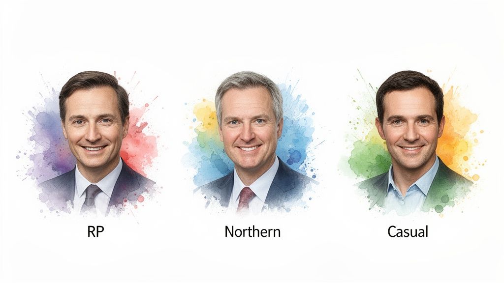 Smiling men representing British text-to-speech accents RP, Northern, and Casual, with colorful splashes.