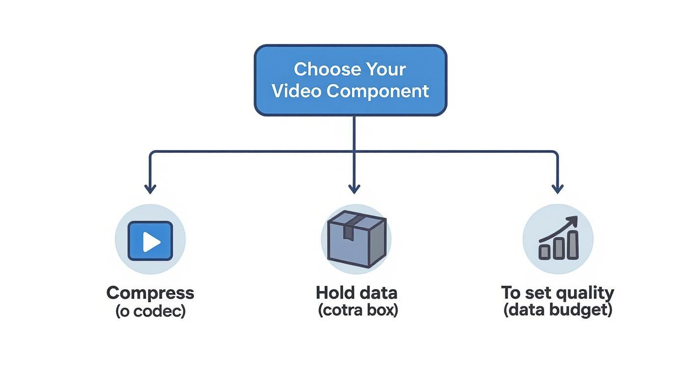 Flowchart showing video component options: compress with codec, hold data in cotra box, or set quality with data budget
