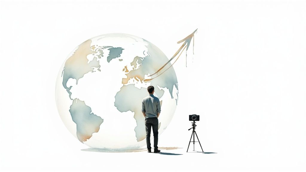 A person views a watercolor globe with an upward arrow and a camera on a tripod.