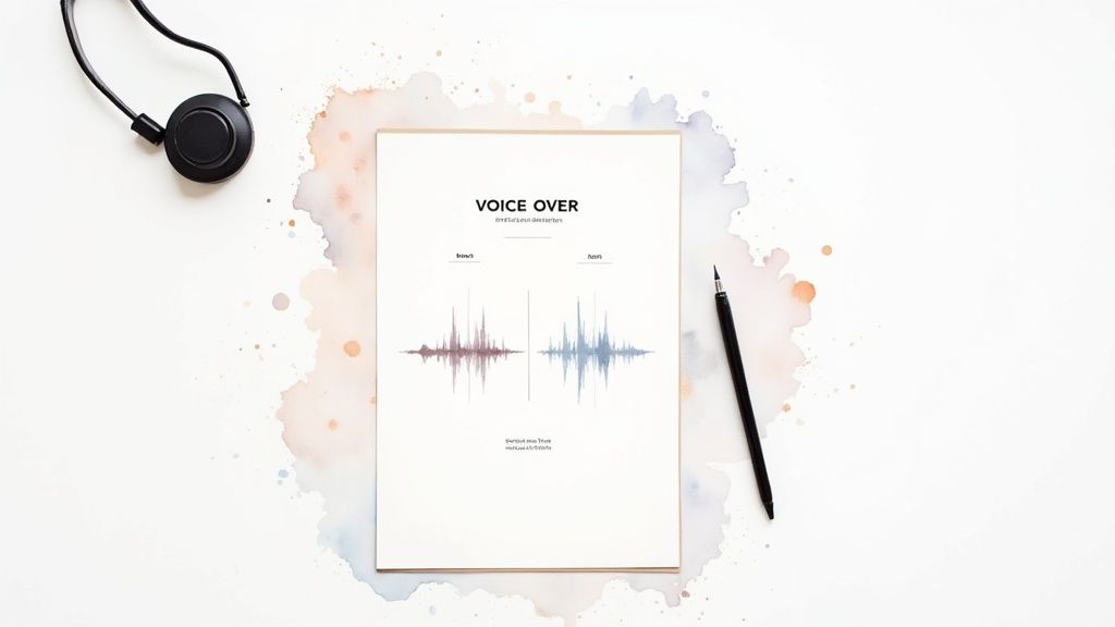 A flat lay of a voice-over script showing sound waves for 'brook' and 'bank', with headphones and a pen.