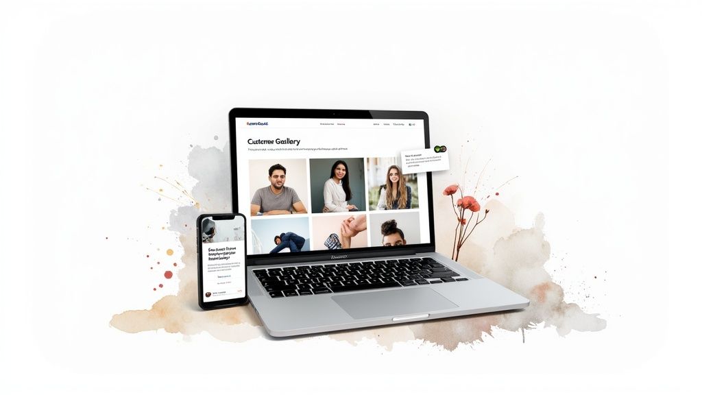 A marketing dashboard showing user-generated content being distributed across various channels like social media, email, and websites.