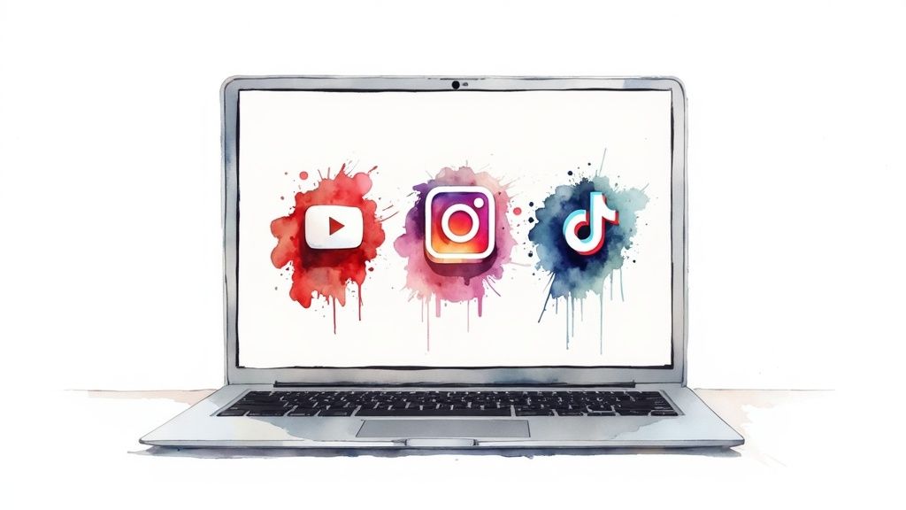 A group of diverse, happy people watching and creating videos on their smartphones, with social media icons floating around them.