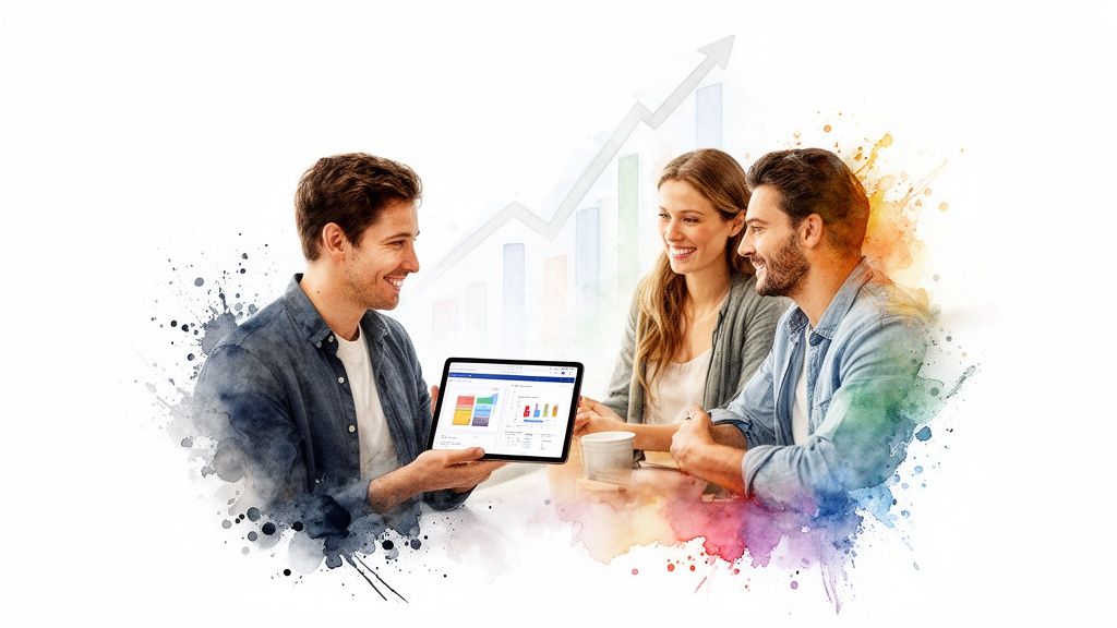 Three colleagues reviewing financial data on a tablet, smiling with a growth chart in the background.