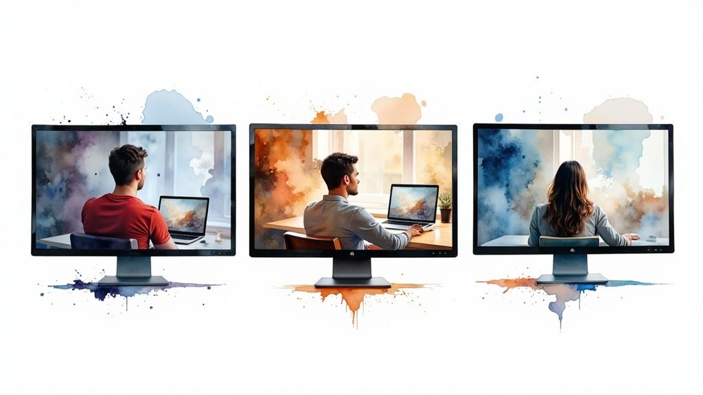 A diverse group of professionals—a doctor, a teacher, a media producer—collaborating around a central hub, symbolizing how different industries use video management.