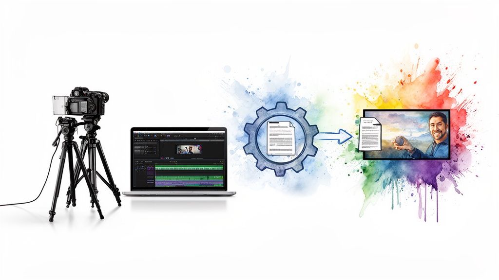 Visual workflow of video production from camera to laptop editing, processing, and displaying a final marketing video.