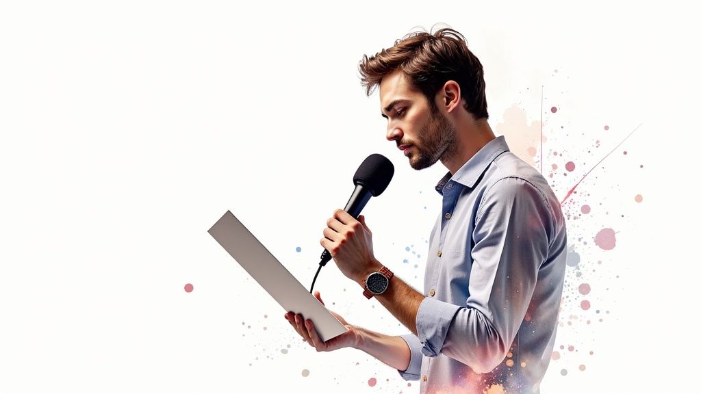 A visual representation of an AI voice actor, showing a microphone connected to digital soundwaves and a brain-like circuit.