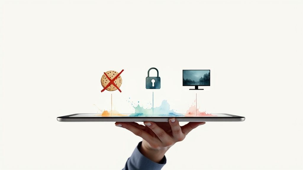 Hand holding tablet displaying three icons representing cookie blocking, security lock, and privacy protection features