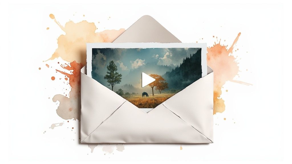 A user interface showing an email being built, with a video thumbnail featuring a play button being dragged into the template.