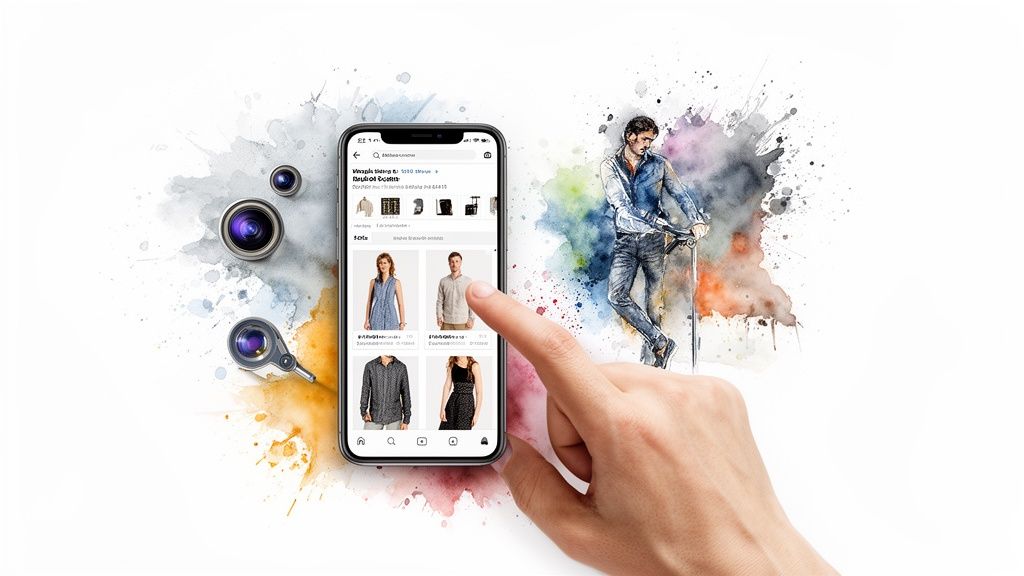 A hand uses a smartphone shopping app to browse clothes, with camera lenses and a watercolor man.