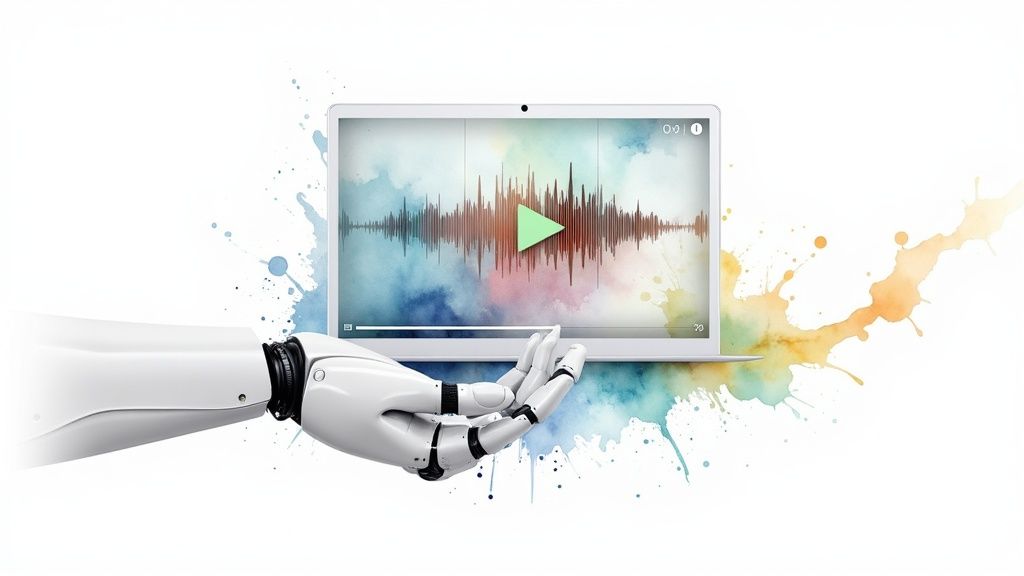 An abstract image showing a robotic hand and a human hand working together on a digital interface, symbolizing the collaboration between AI and human experts in video translation.