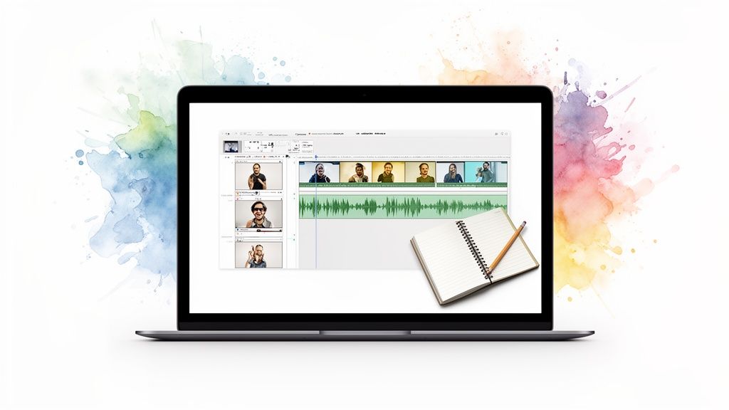 A laptop displays video editing software with multiple video clips and an audio waveform, beside an open notebook.