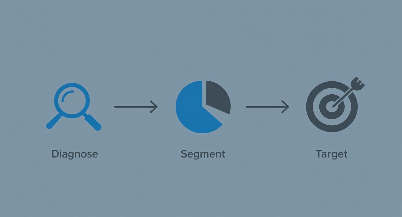 A business process flow: diagnose (magnifying glass), segment (pie chart), and target (dartboard).