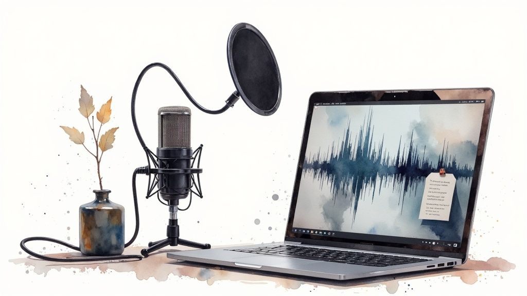 A person wearing headphones in front of a professional microphone, focused on recording audio.