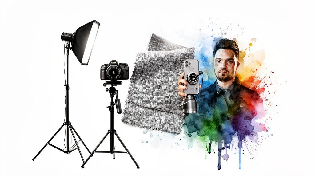 Professional photography setup with a softbox, DSLR camera, fabric swatches, and a man holding a phone camera.
