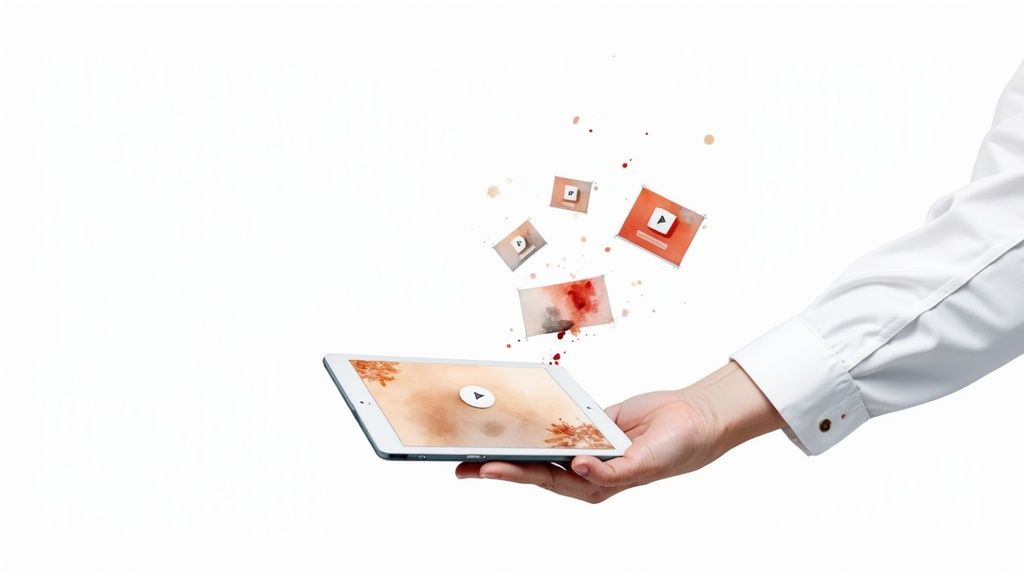 A person pointing at a large presentation screen showing colorful graphs and charts, illustrating the engagement benefits of video content.