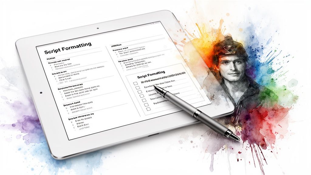 A tablet displaying a 'Script Formatting' document with a pen, next to a colorful watercolor portrait of a man.