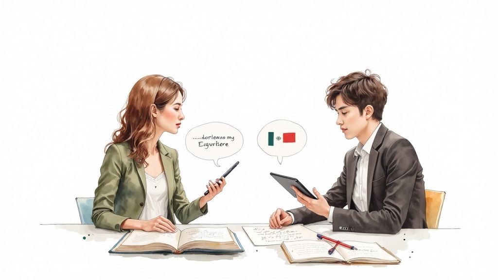 Two professionals discussing translation services with speech bubbles showing multilingual communication at desk