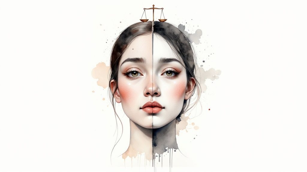 A balanced scale with a human icon on one side and a robot icon on the other, representing the ethical balance of AI and synthetic media.