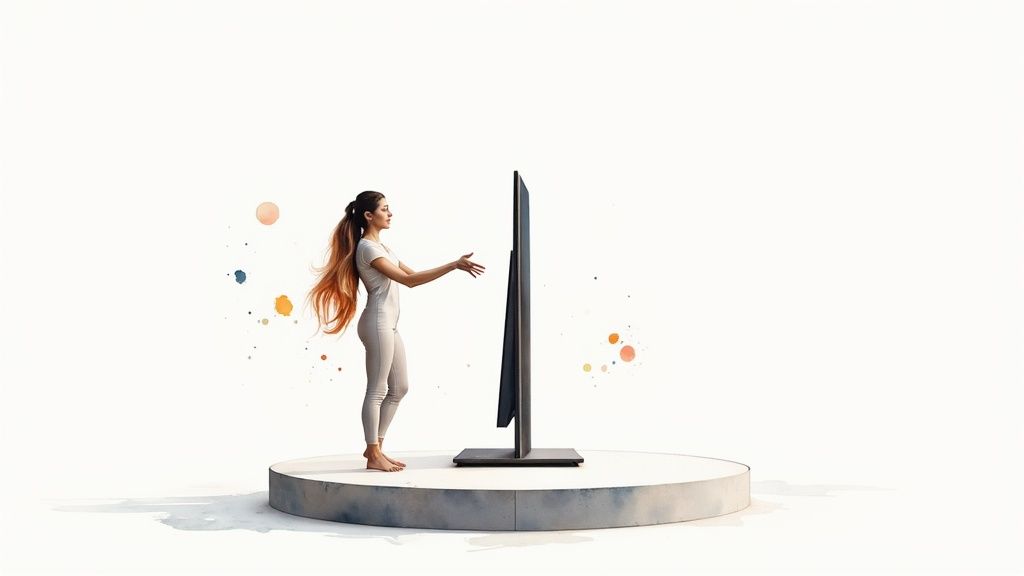 A person excitedly points at a computer screen showing product features, illustrating the engagement of a product demo video.
