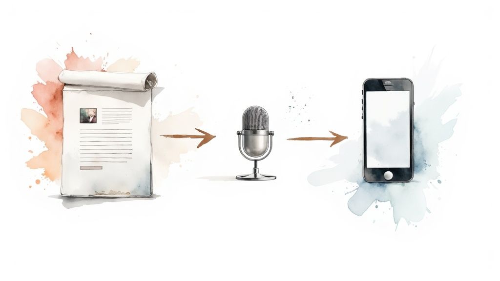 A visual representation of content being repurposed across different platforms like social media, video, and podcasts.