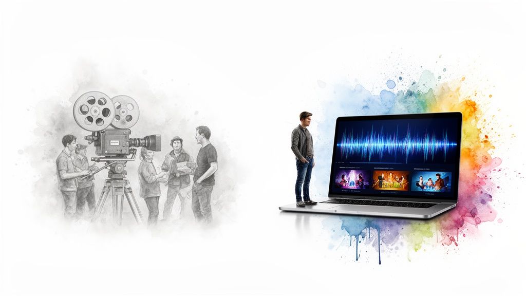 A grayscale illustration of traditional film production contrasted with a modern laptop showing digital media creation.