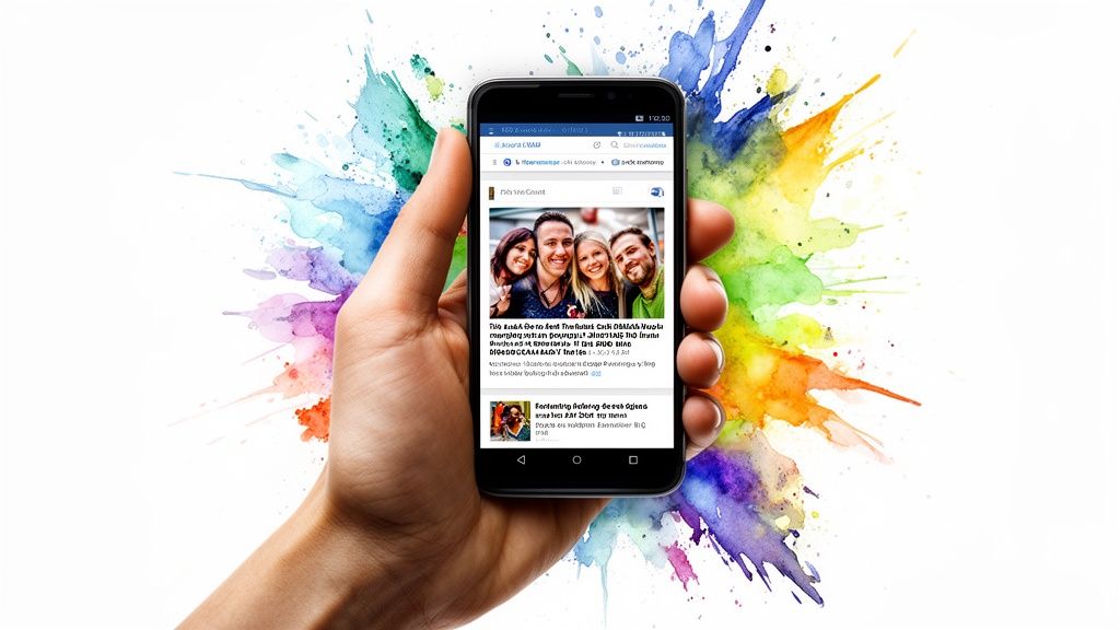 Hand holding smartphone displaying a social media app against a background of colorful watercolor splashes.