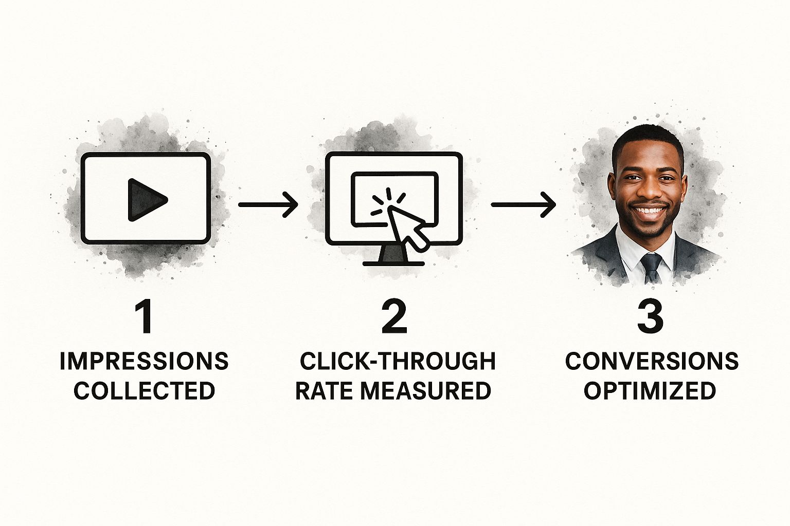 Infographic showing the three steps in programmatic video ad performance: Impressions, Click-Through Rate, and Conversions.
