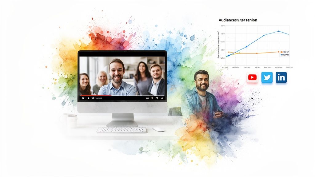 Digital marketing concept with a video call, audience retention graph, and social media logos.