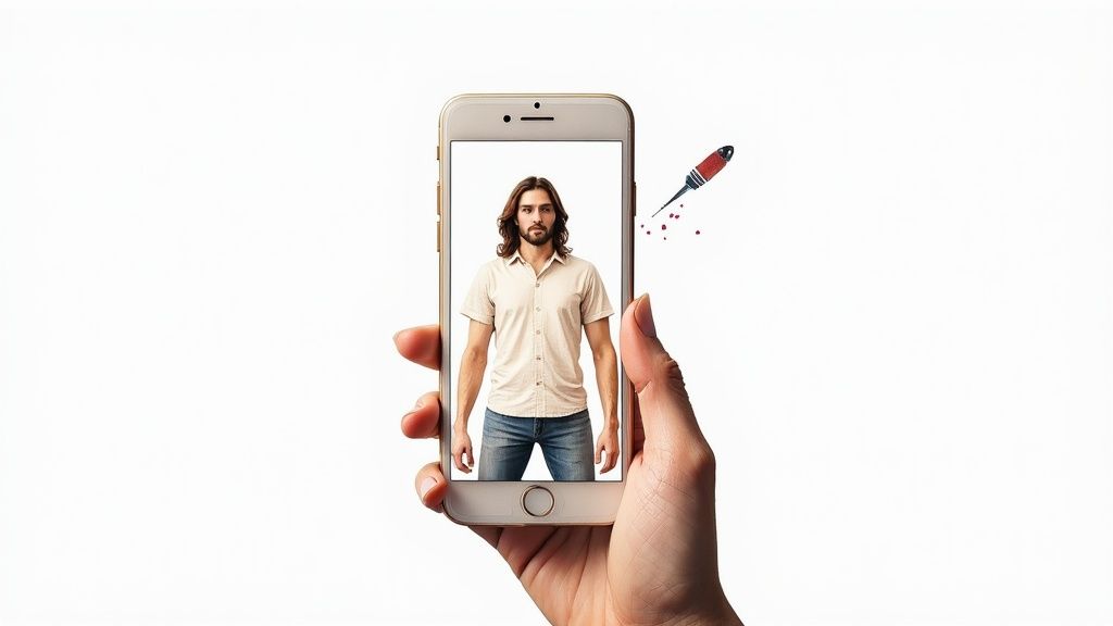 A hand holding a smartphone displays a man with long hair, while a red dart flies with splatters.