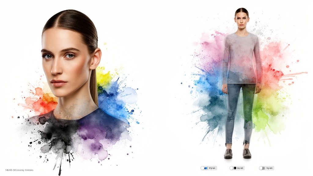 Two images of a woman, one close-up, one full-body, surrounded by vibrant watercolor effects, showcasing fashion.