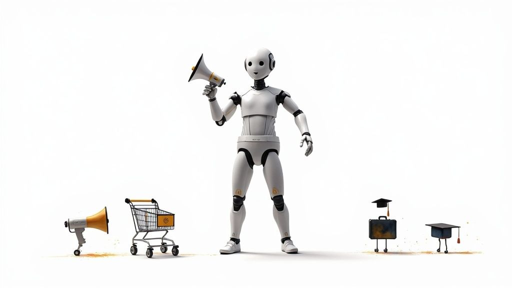 A white humanoid robot holding a megaphone, surrounded by a shopping cart, briefcase, and graduation caps.