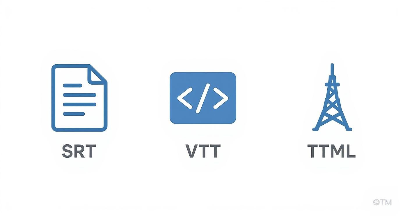 Three file format icons representing SRT, VTT, and TTML subtitle and caption file types