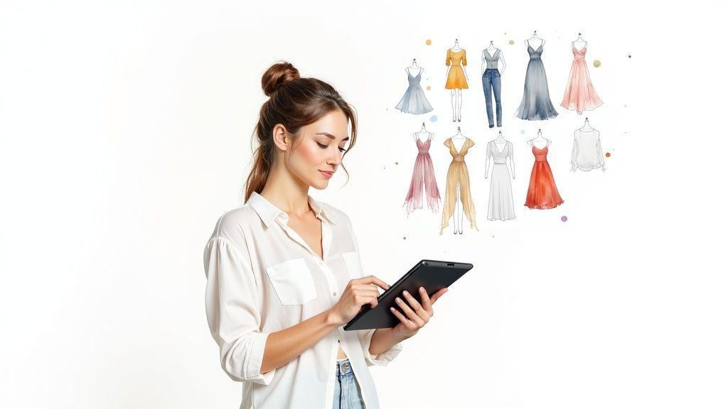 A woman uses a tablet, browsing digital fashion design sketches for an AI outfit generator.