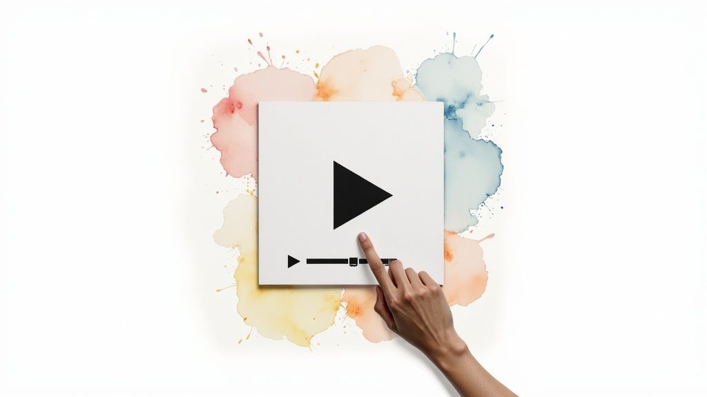 A hand interacting with a video player interface featuring a play button on a colorful watercolor background.