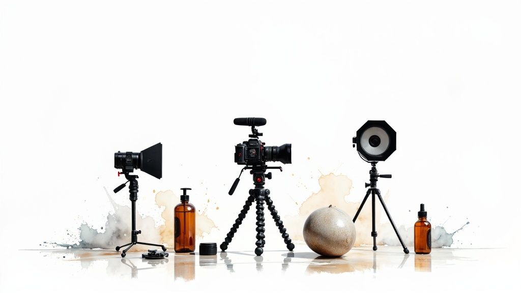 A videography production setup with multiple cameras, lighting equipment, and product items.